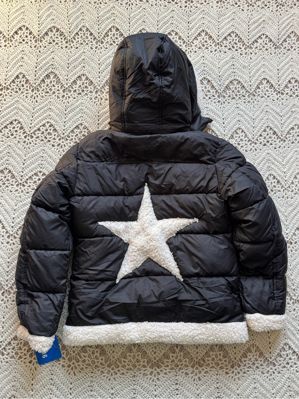 NWT Sam Edelman Girls 14/16 Black Puffer Jacket White Star Boho Sherpa Puffer